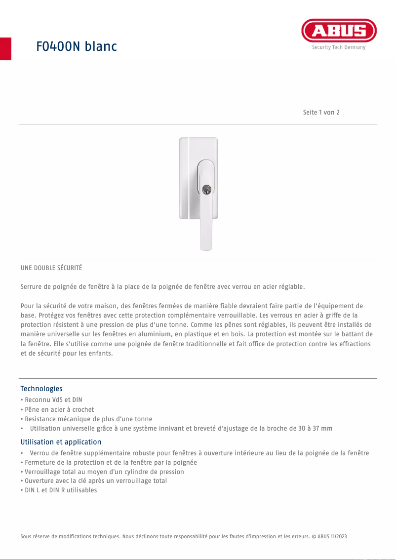 Page n°1 - Fiche technique Abus FO400N