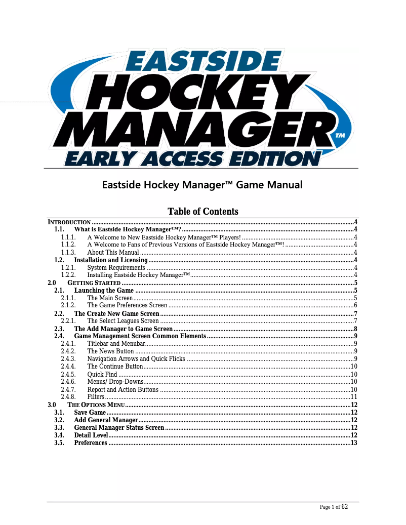 Page 1 de la notice Manuel utilisateur Sega Eastside Hockey Manager