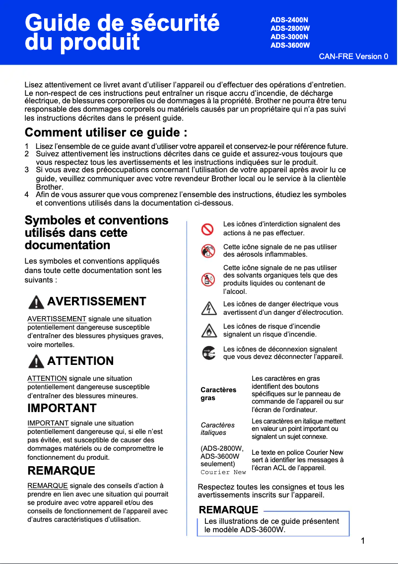 Image de la première page du manuel de l'appareil ImageCenter ADS-3600W