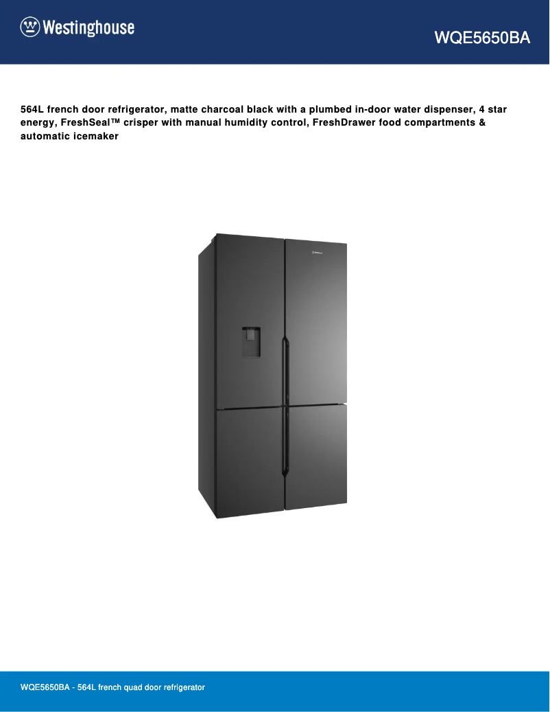 Page 1 de la notice Fiche technique Westinghouse WQE5650BA