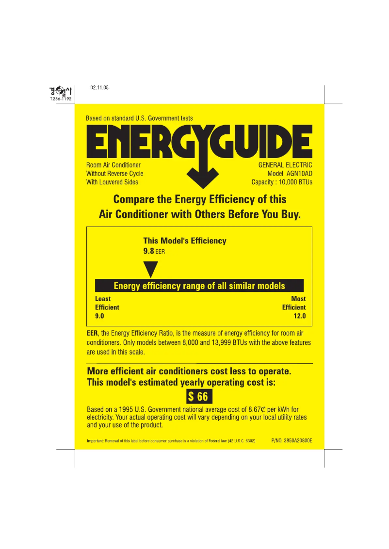 Page 1 de la notice Label énergétique GE AGN10AD