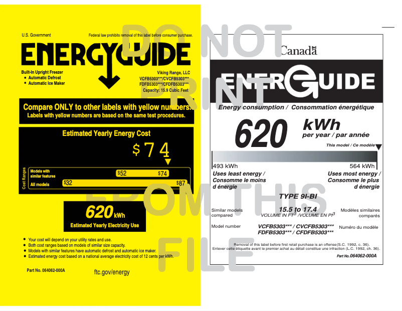 Page 1 de la notice Label énergétique Viking VCFB5303RSS