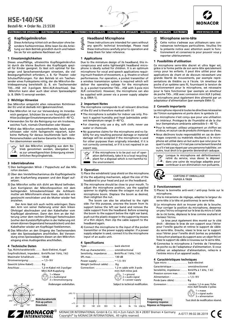 Page 1 de la notice Manuel utilisateur Monacor HSE-140/SK