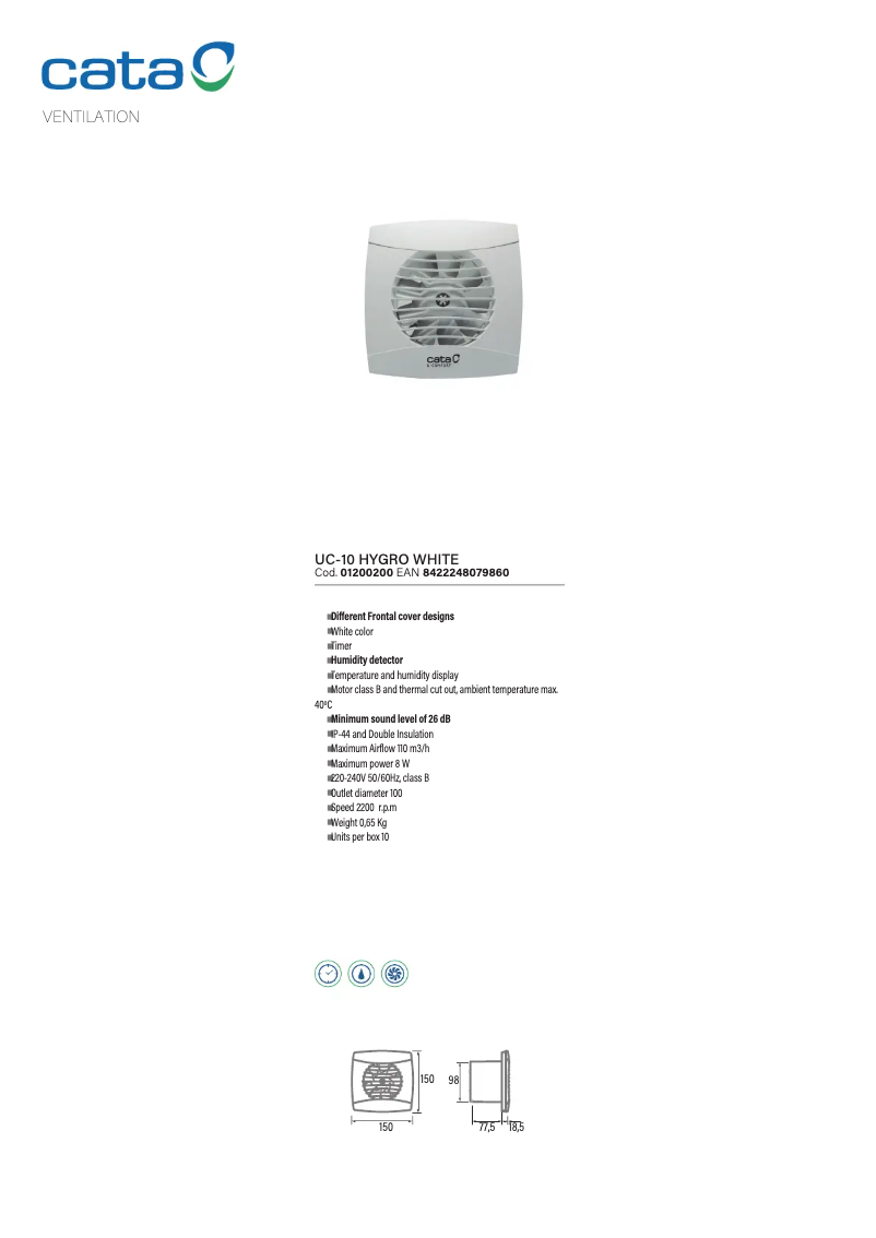 Page 1 de la notice Fiche technique CATA UC-10 HYGRO