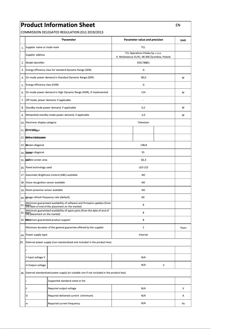 Page 1 de la notice Label énergétique TCL 55EC788