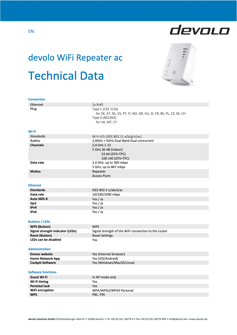 Page 1 de la notice Fiche technique Devolo Wifi-repeater AC