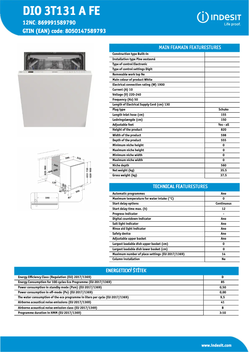 Page n°1 - Fiche technique Indesit DIO 3T131 A FE