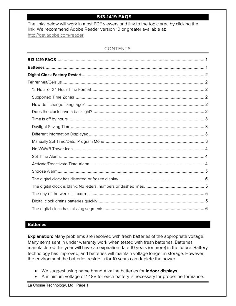 Page n°1 - FAQ La Crosse Technology 513-1419
