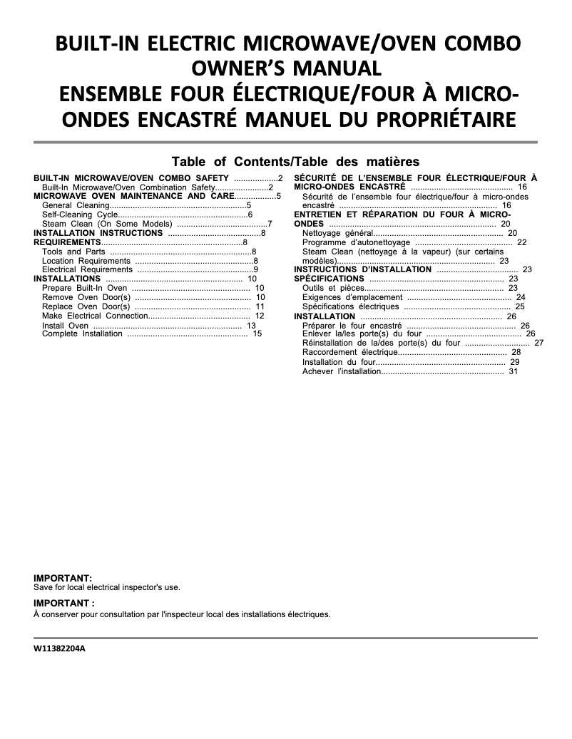 Page 1 de la notice Guide d'installation Whirlpool WOC54EC0HS