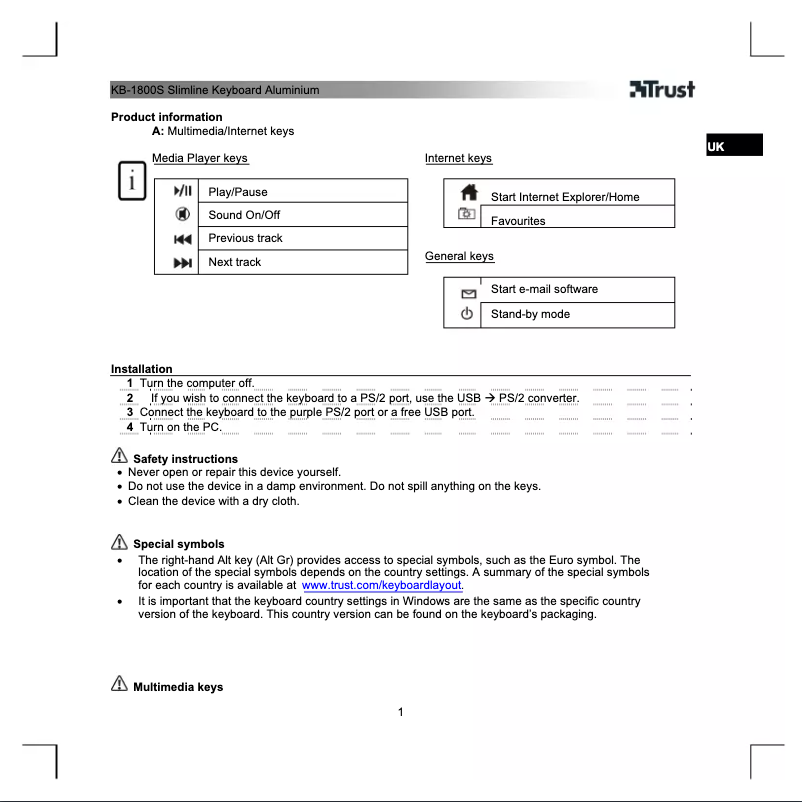 Page n°1 - Manuel utilisateur Trust XpertTouch KB-1800S