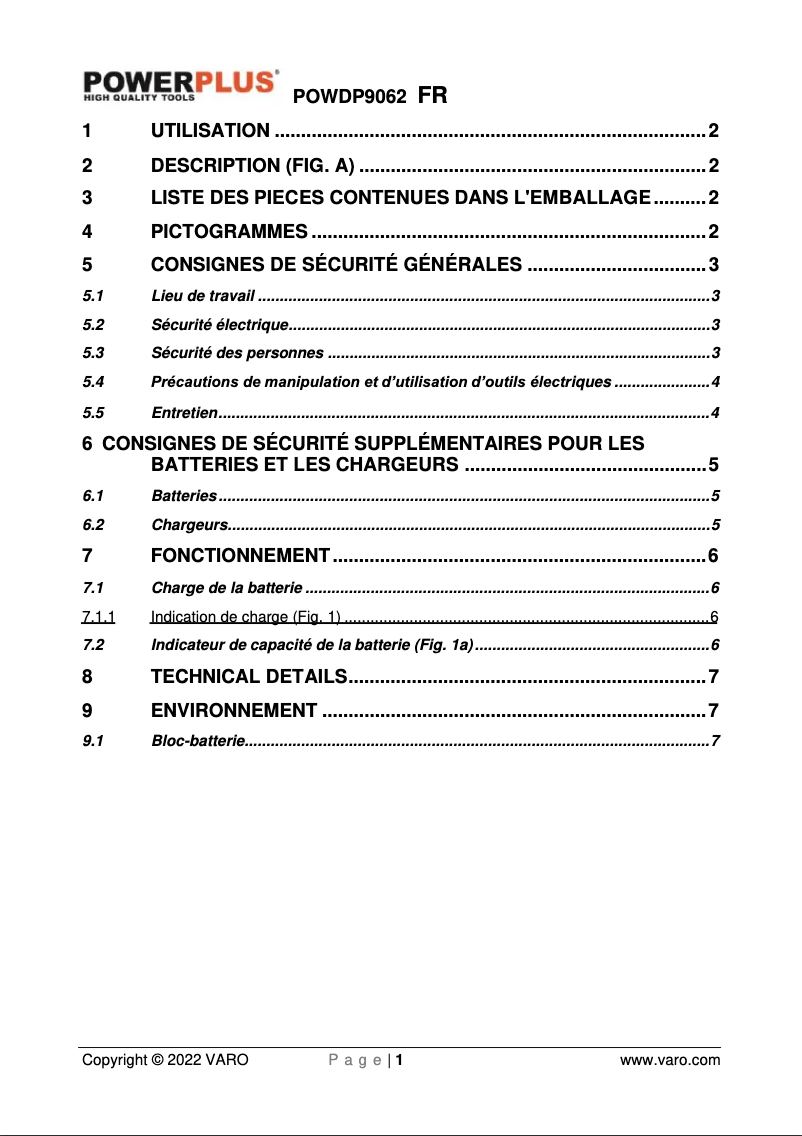Page 1 de la notice Manuel utilisateur PowerPlus POWDP9062