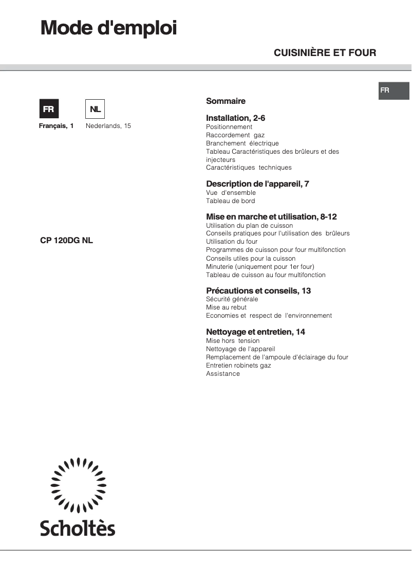 Page 1 de la notice Manuel utilisateur Scholtès CP 120 DG