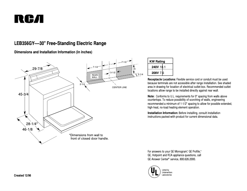 Page 1 of the manual Technical Sheet RCA LEB356GYBB