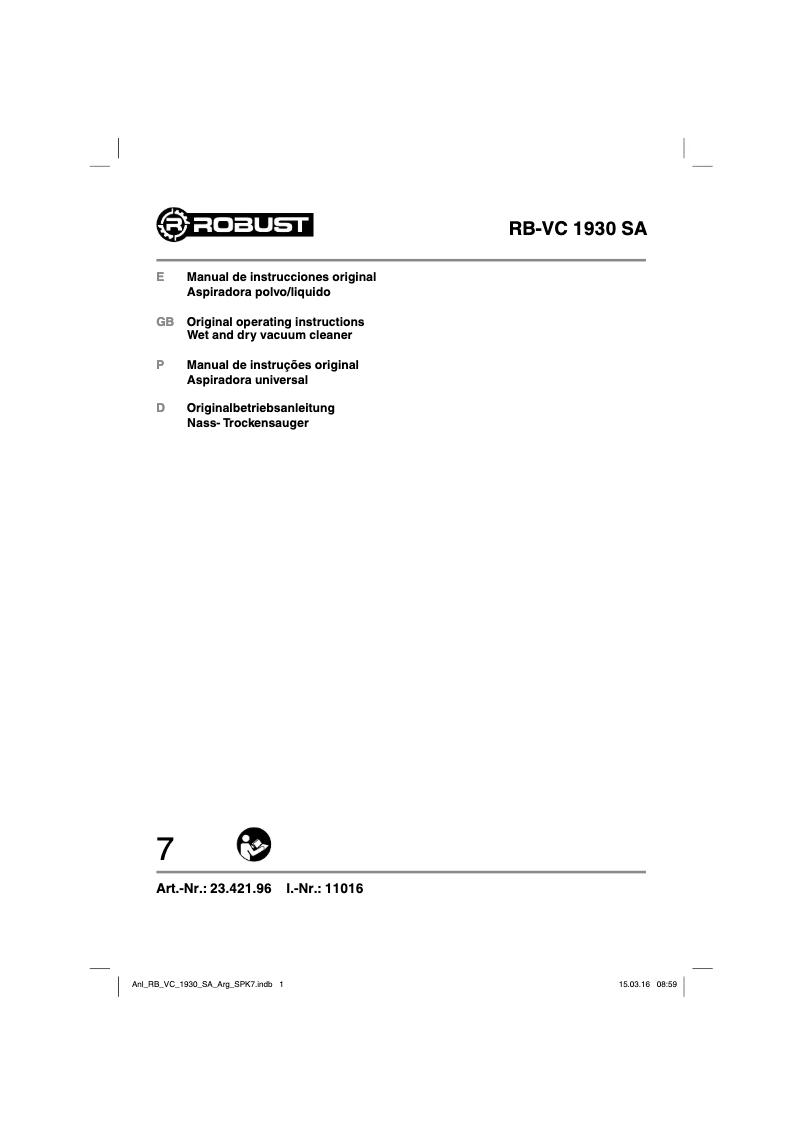 Page n°1 - Manuel utilisateur Robust RB-VC 1930 SA