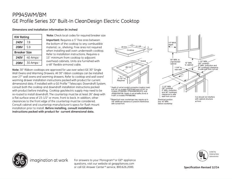 Page 1 of the manual Technical Sheet GE Profile PP945BMBB
