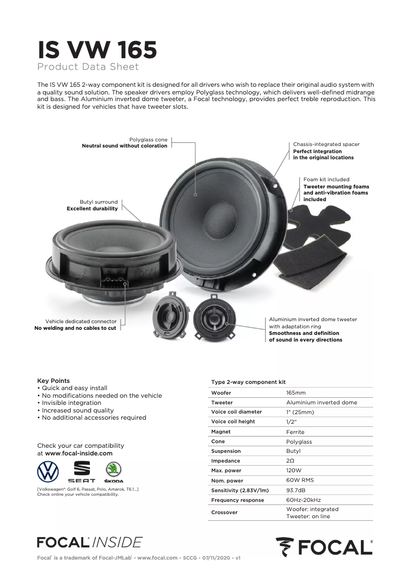 Page 1 de la notice Manuel utilisateur Focal Inside IS VW 165
