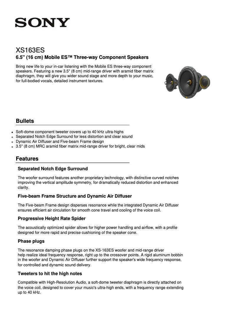 Page 1 de la notice Fiche technique Sony XS-163ES