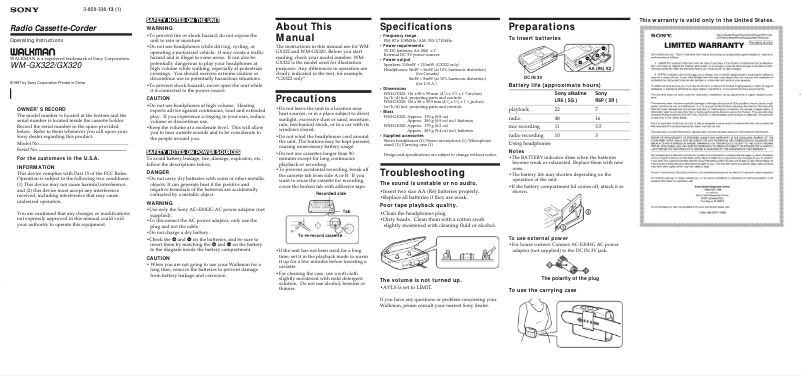Image de la première page du manuel de l'appareil Walkman WM-GX322