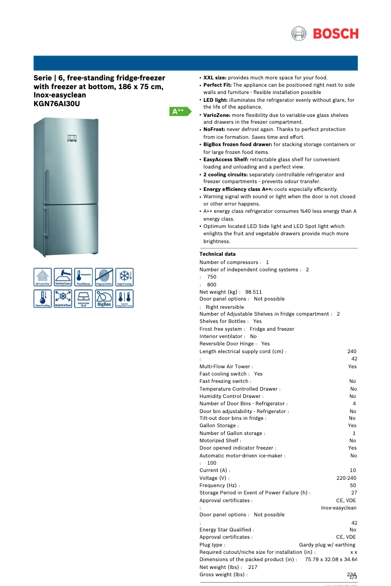 Page 1 of the manual User Manual Bosch KGN76AI30U