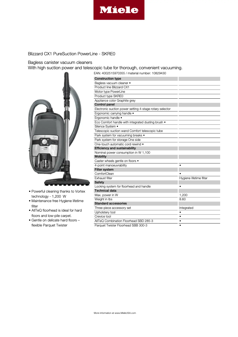 Page 1 de la notice Fiche technique Miele Blizzard CX1 PureSuction PowerLine