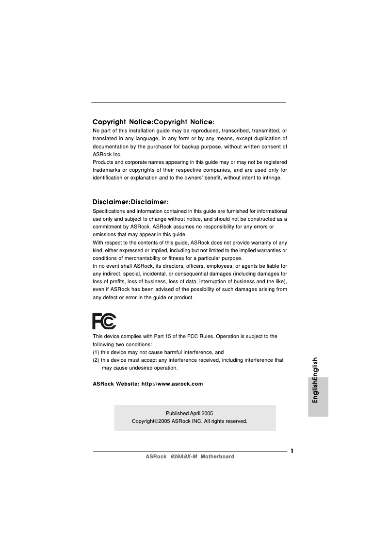 Page 1 de la notice Manuel utilisateur Asrock 939A8X-M