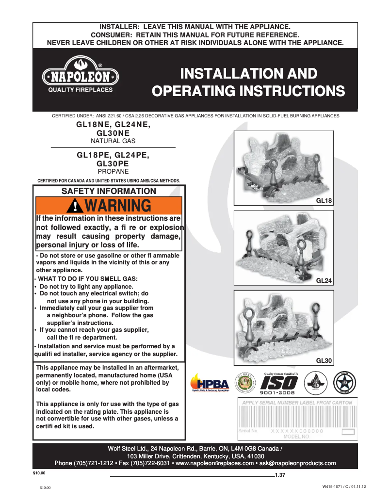 Page 1 de la notice Manuel utilisateur Napoleon GL30NE