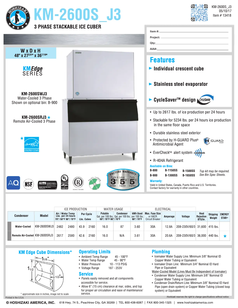 Page 1 de la notice Fiche technique Hoshizaki KM-2600SRJ3