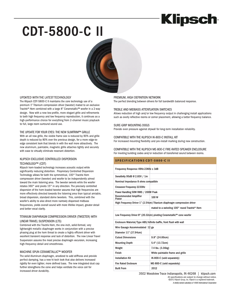 Page 1 de la notice Fiche technique Klipsch CDT-5800-C