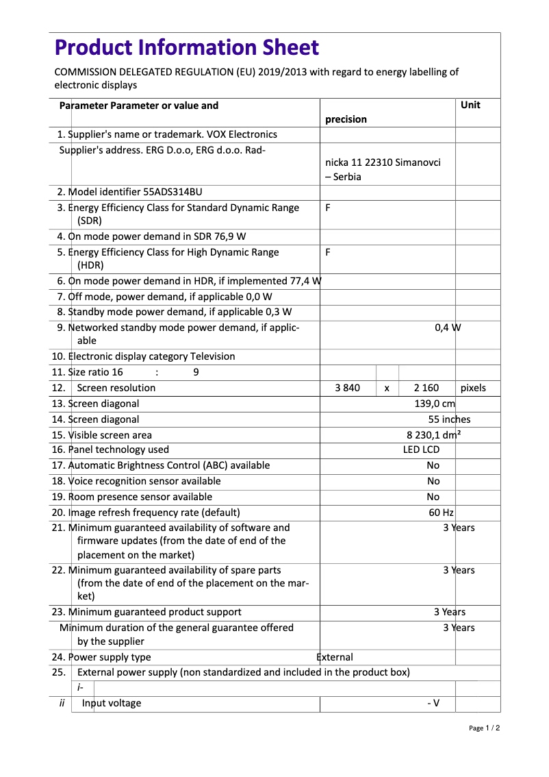 Page 1 de la notice Manuel utilisateur VOX 55ADS314BU