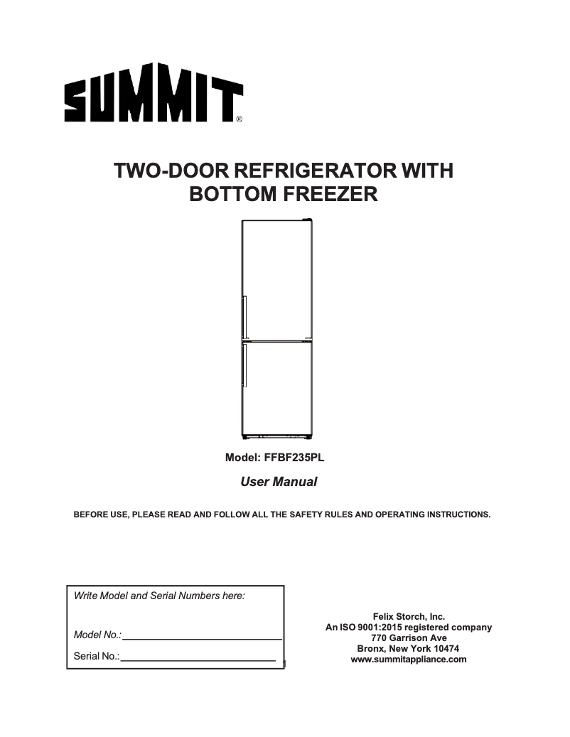 Page 1 de la notice Manuel utilisateur Summit FFBF235PL