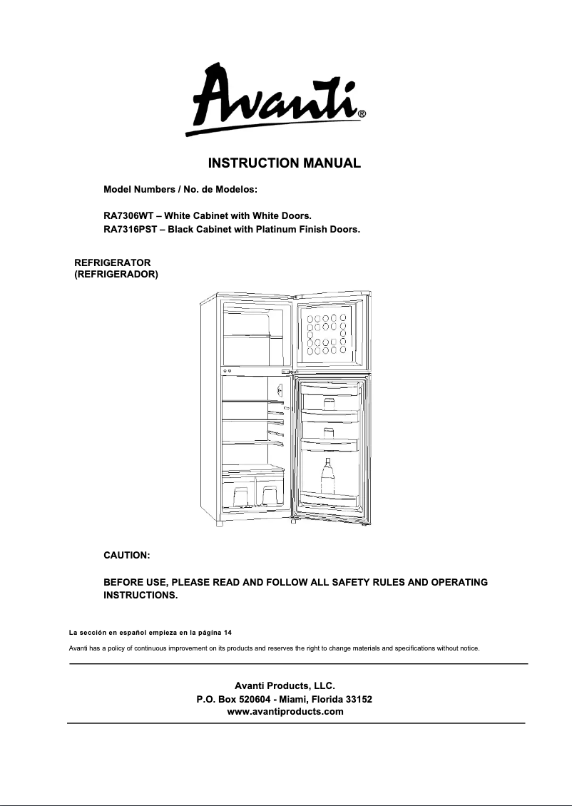 Page n°1 - Manuel d'utilisation et d'entretien Avanti RA7306
