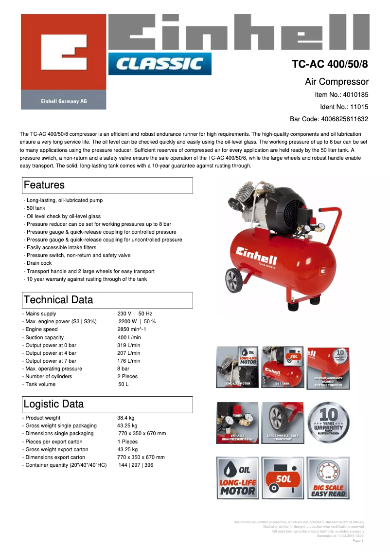 Page 1 de la notice Fiche technique Einhell TC-AC 400/50/8