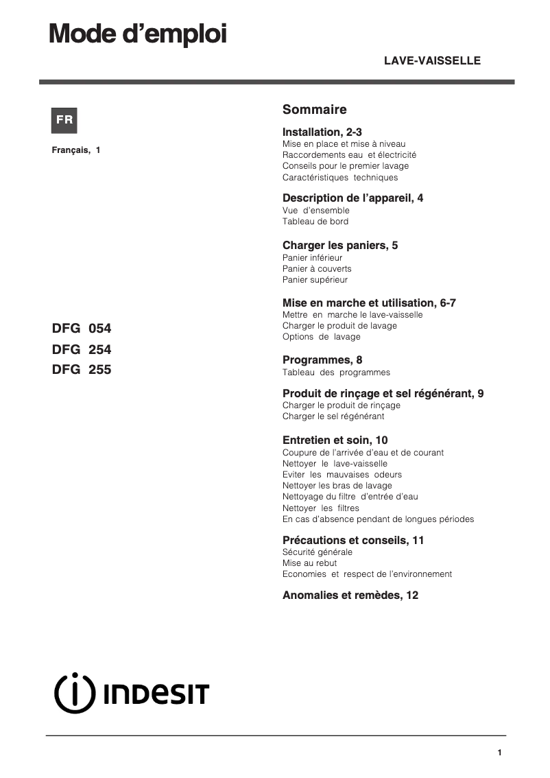 Page n°1 - Manuel utilisateur Indesit DFG 254 S FR
