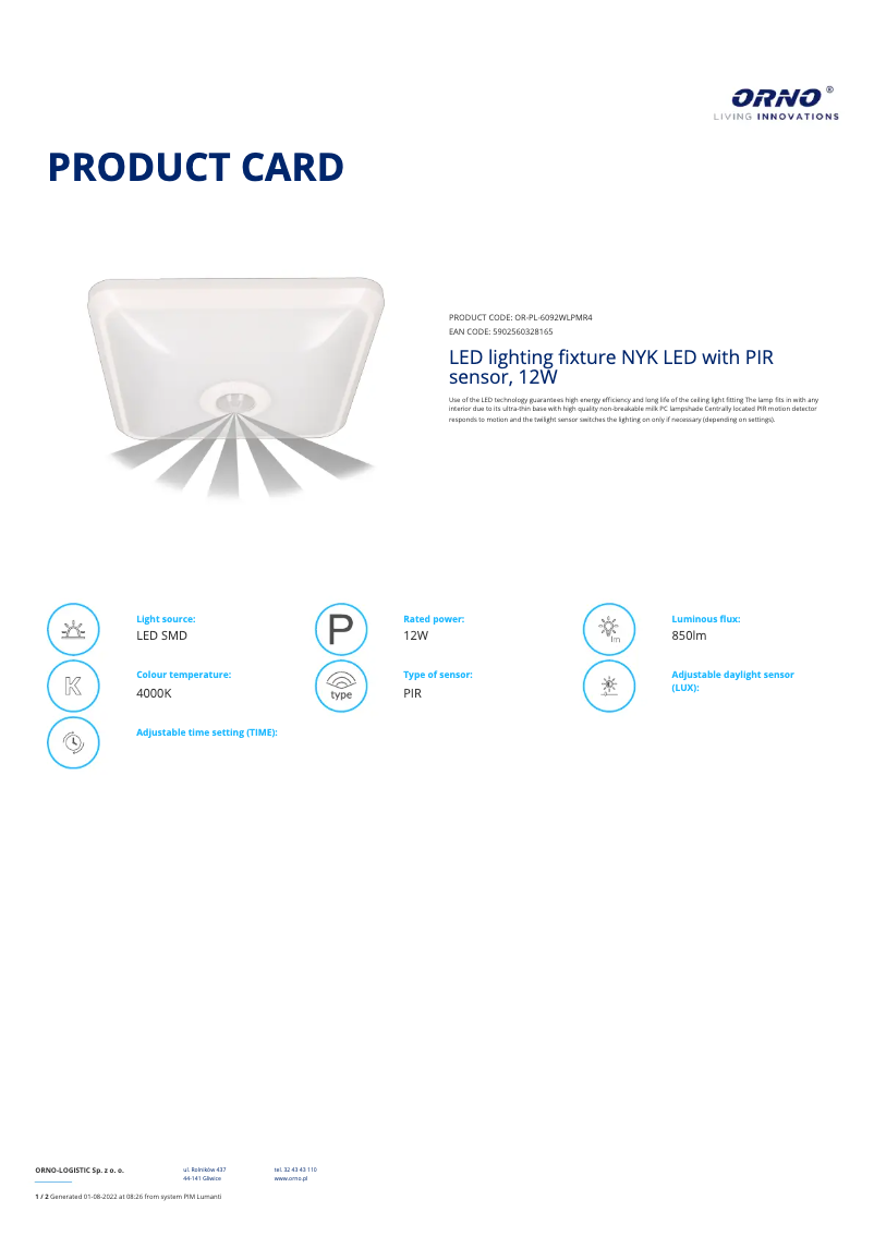 Página 1 del manual Ficha técnica ORNO OR-PL-6092WLPMR4