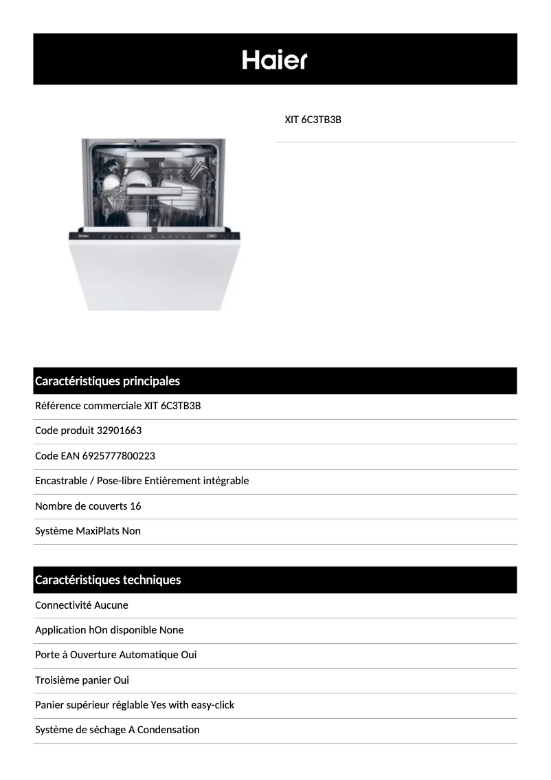 Page 1 de la notice Fiche technique Haier XIT 6C3TB3B