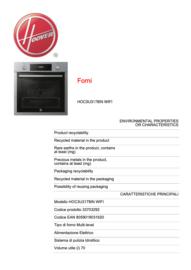 Page n°1 - Fiche technique Hoover HOC3U3178IN WIFI