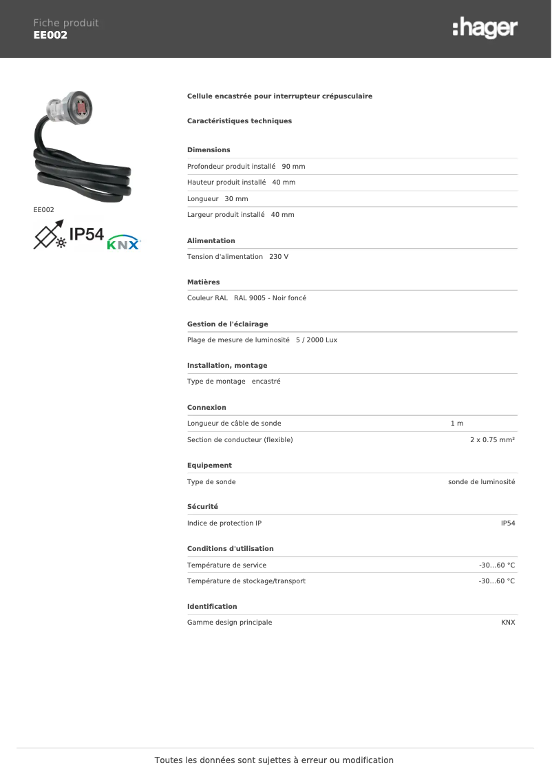 Page 1 de la notice Manuel utilisateur Hager EE002