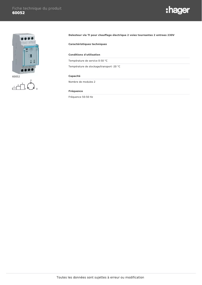 Page n°1 - Fiche technique Hager 60052