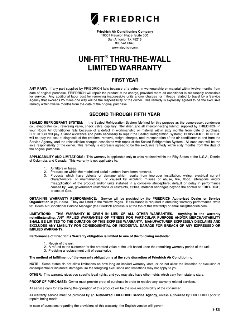 Page n°1 - Informations de garantie Friedrich UCT12A10A