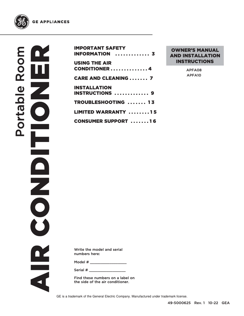 Page n°1 - Guide d'installation GE APFA08YBMW