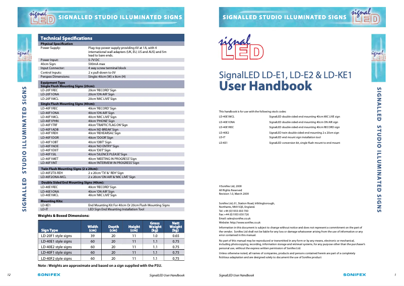 Page 1 de la notice Manuel utilisateur Sonifex On Air Sign SingleFlush 40
