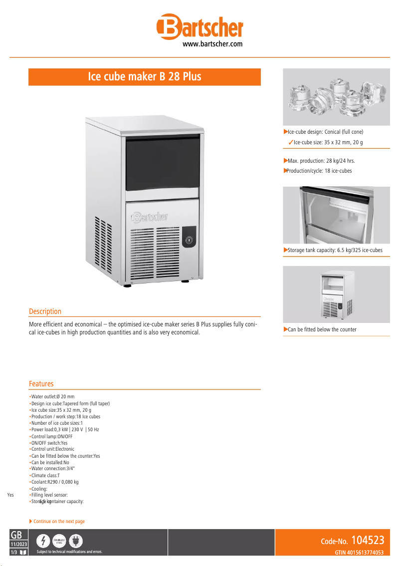 Page 1 de la notice Fiche technique Bartscher B 28 Plus 104523