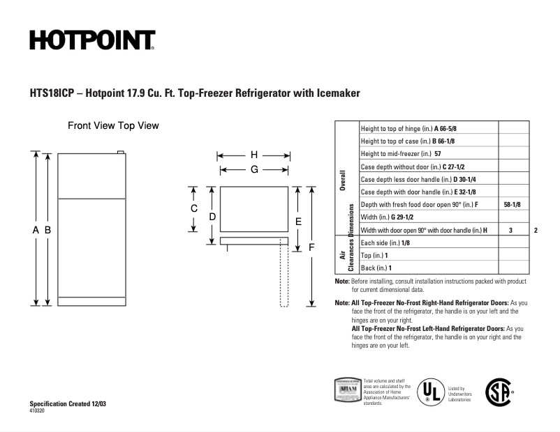 Page 1 de la notice Fiche technique Hotpoint HTS18ICPCC