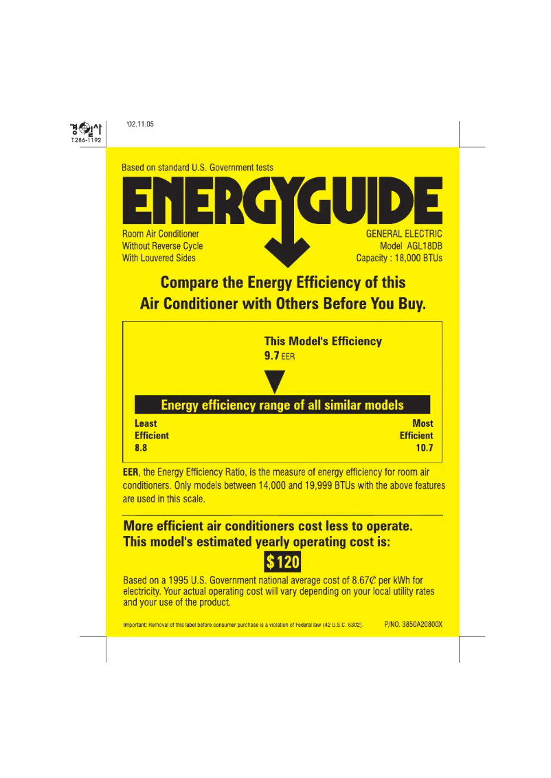 Page n°1 - Label énergétique GE AGL18DB