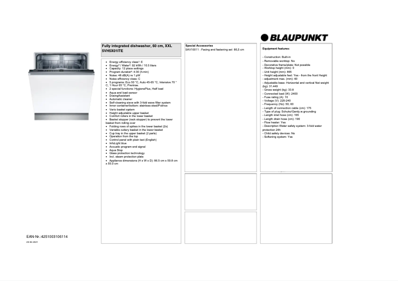 Page 1 de la notice Fiche technique Blaupunkt 5VH5X01ITE