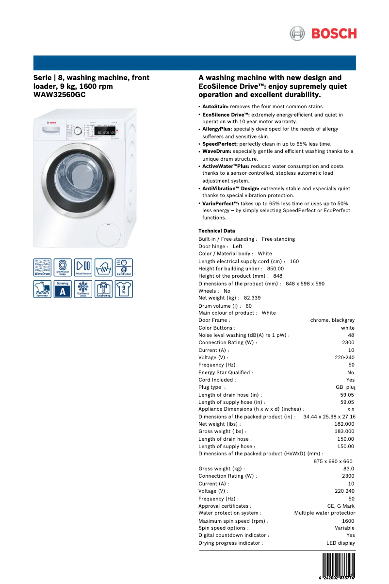 Page 1 de la notice Fiche technique Bosch WAW32560GC