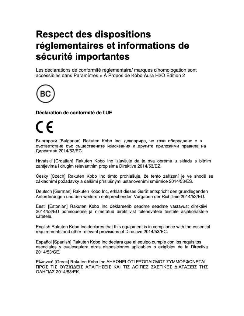 Página 1 del manual Instrucciones de seguridad Kobo Aura H20 Edition 2