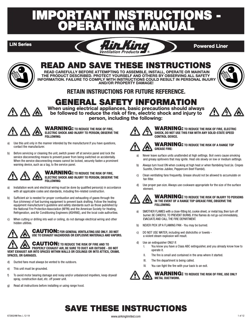 Page 1 de la notice Instructions / montage Air King LIN46md-1200