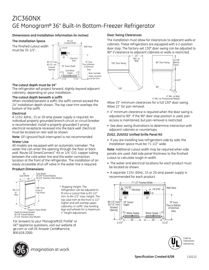 Page 1 de la notice Fiche technique GE ZIC360NXLH