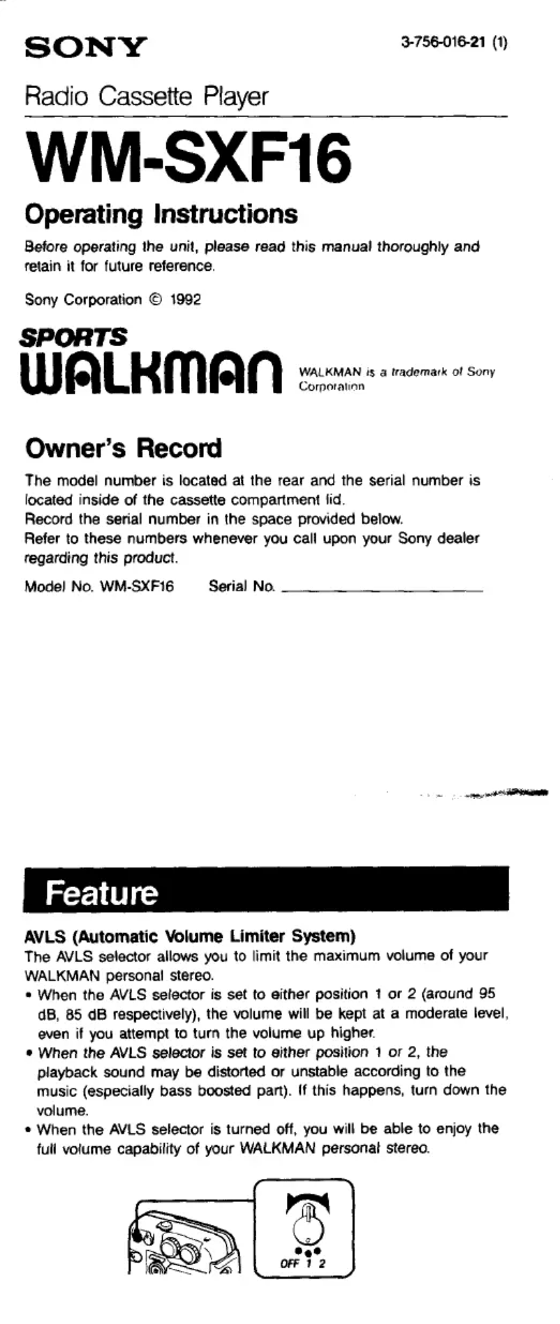 Page 1 de la notice Manuel utilisateur Sony Walkman WM-SXF16